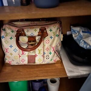 Louis Vuitton Multicolor Monogram Cream Satchel with Brown Leather Trim